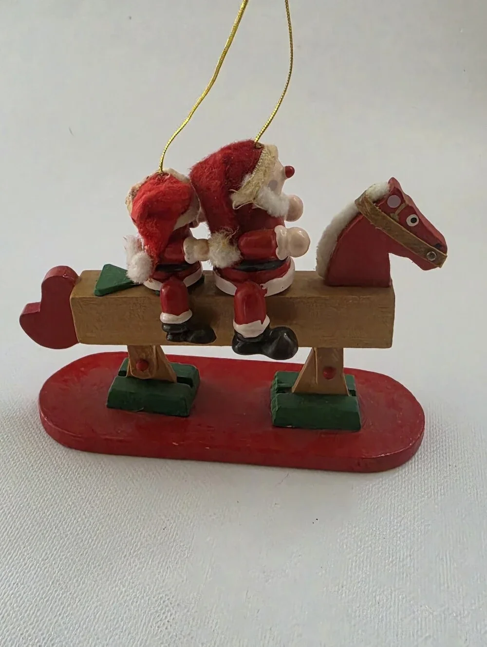 Two Santa Rocking Horse Wooden Christmas Ornament Folk Art Holiday Decor